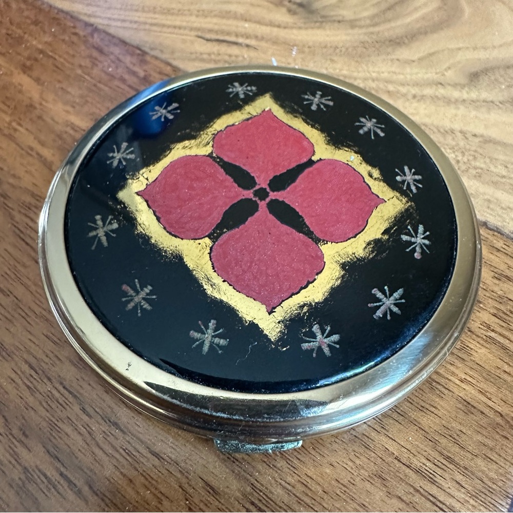 Vintage Black and Gold Compact Mirror with Red Floral Design